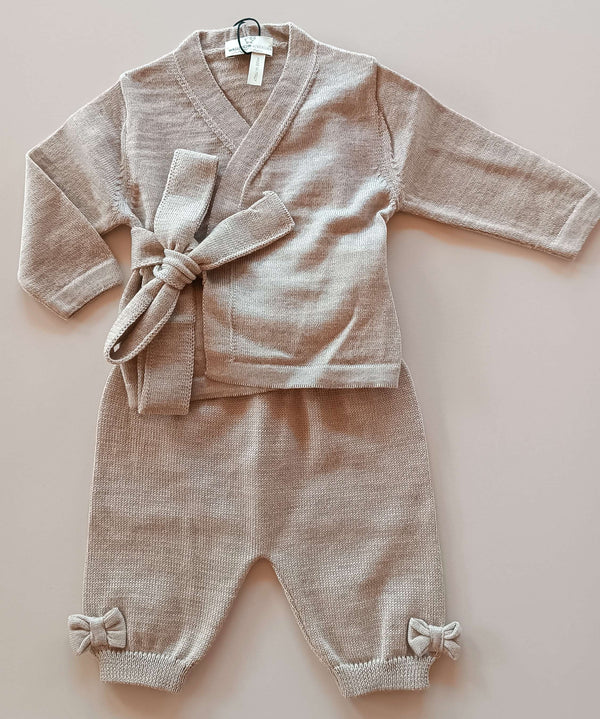 MAGLIFICIO DI VERONA SET INCROCIATINA LANA TORTORA+PANTALONE CON FIOCCHETTI TORTORA