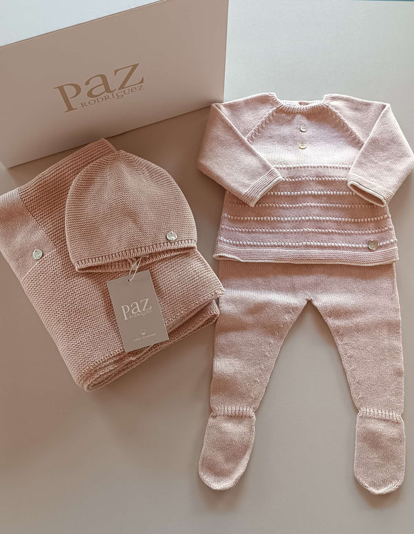 PAZ RODRIGUEZ SET NASCITA COTONE E CASHMERE COPERTA +GHETTINA+COPRIFASCE+CAPPELLO ROSA ANTICO