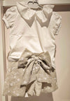 LE BEBè COMPLETO MAGLIA +SHORTS ECRù CON RICAMI BIANCHI E FIOCCO