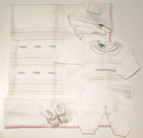 MARLù EK13 SET NASCITA TUTINA 0-3MESI +COPERTA+CAPPELLO+SCARPINA FILO BIANCO/ROSA PESCO/LIME