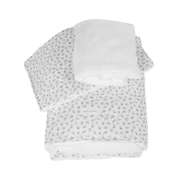 PASITO A PASITO PIUMINO PER CULLA + LENZUOLO CON ANGOLI + CUSCINO 90X50 CM LITTLE BLOOM FIORI GRIGIO TOG 2,5