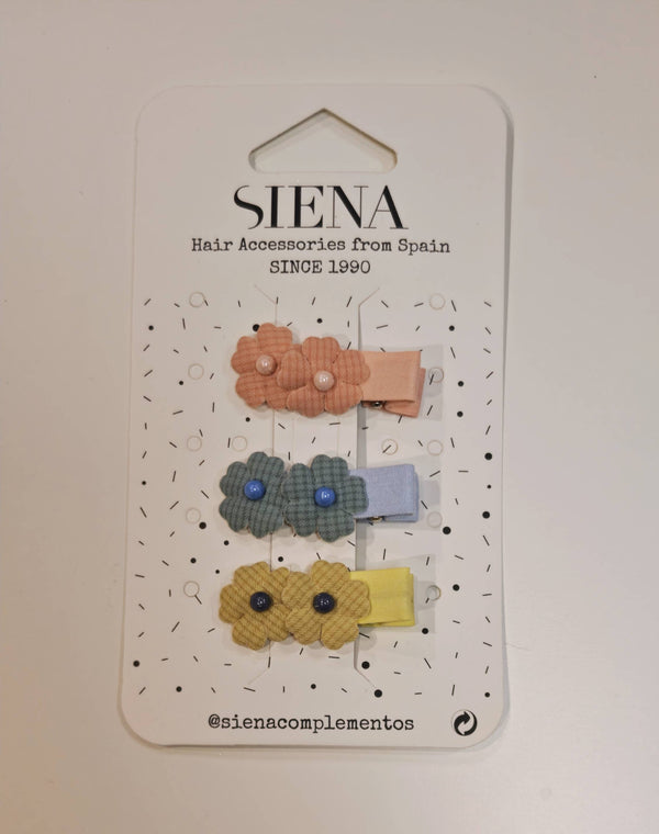 SIENA CONFEZIONE TRE MINI MOLLETTE A FORMA DI FIORE ROSA,AZZURRA,GIALLA 4CM