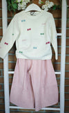 JO MILANO COMPLETO PANTALONE PALAZZO SPIGATO ROSA +MAGLIONCINO LANA PANNA CON FIOCCHETTI