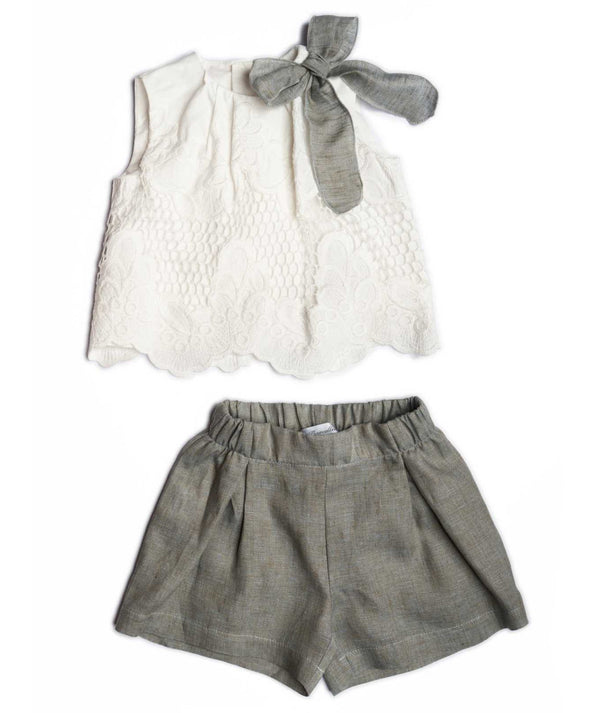 BARCELLINO COMPLETO BLUSA COTONE CON PIZZO E PANTALONE 100%LINO GRIGIO