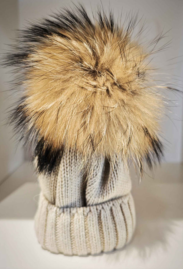 CAPPELLO LANA BEIGE POM POM VOLPE BEIGE