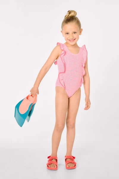 YSABEL MORA COSTUME Costume da bagno da bambina con stampa a righe arricciate 95136