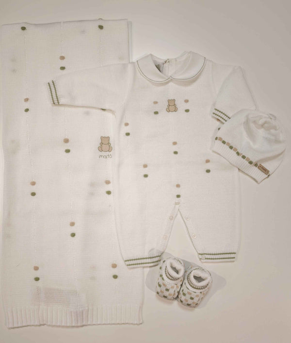 MARLù EK56 SET NASCITA TUTINA 0-3MESI +COPERTA+CAPPELLO+SCARPINA FILO BIANCO VERDE OLIVA SABBIA