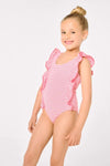 YSABEL MORA COSTUME Costume da bagno da bambina con stampa a righe arricciate 95136
