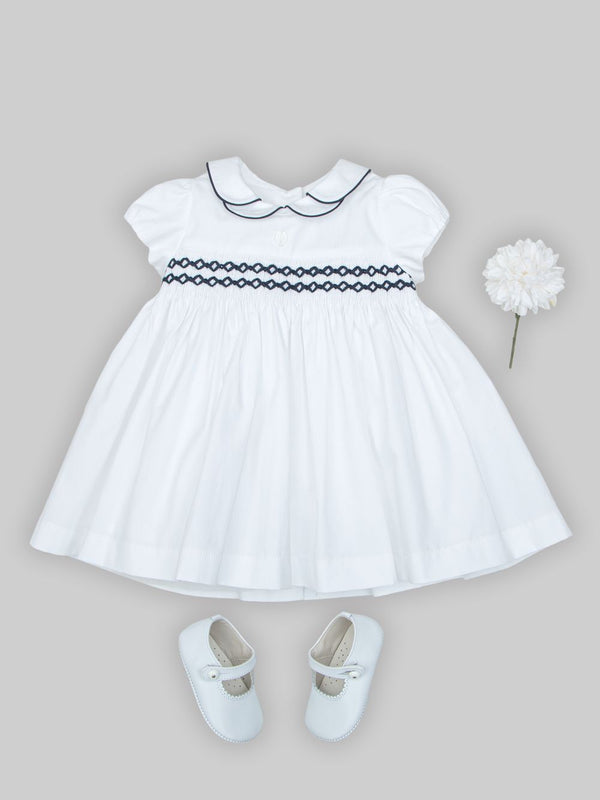 PATACHOU ABITO BIANCO CON PUNTO SMOCK E RICAMI BLU
