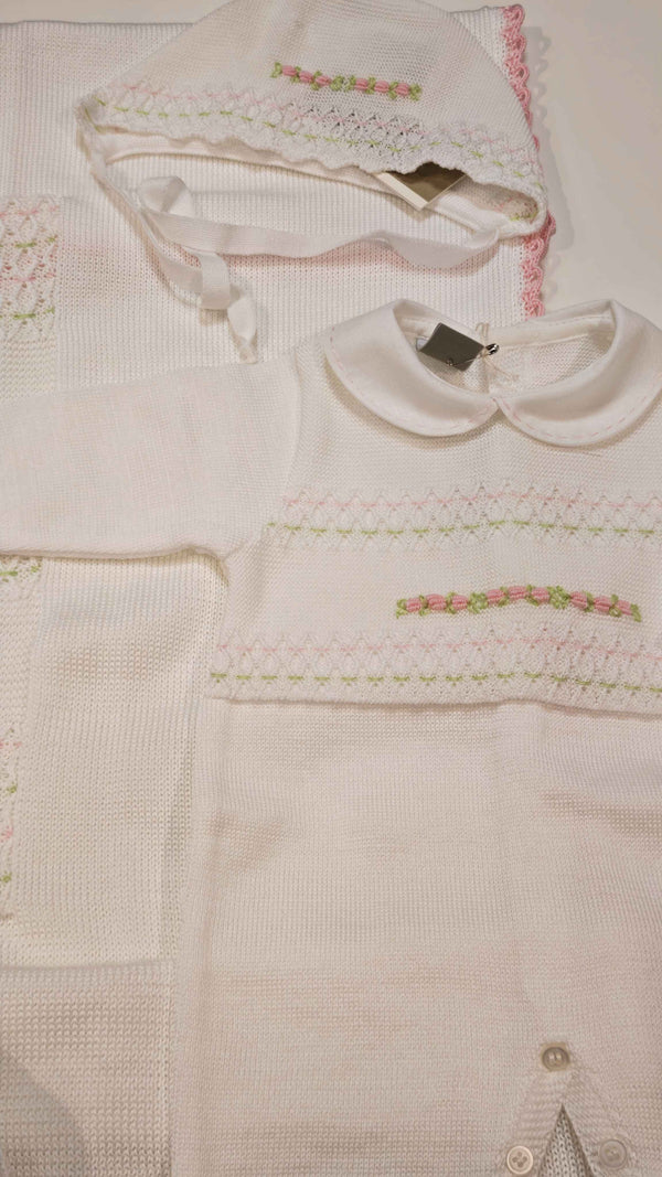 MARLù EK13 SET NASCITA TUTINA 0-3MESI +COPERTA+CAPPELLO+SCARPINA FILO BIANCO/ROSA PESCO/LIME