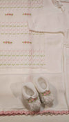 MARLù EK13 SET NASCITA TUTINA 0-3MESI +COPERTA+CAPPELLO+SCARPINA FILO BIANCO/ROSA PESCO/LIME