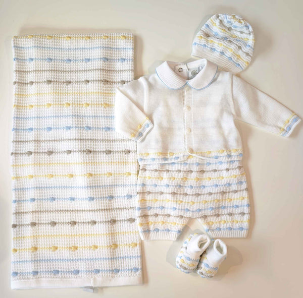 MARLù EK51 SET NASCITA TUTINA 0-3M FILO COTONE+COPERTA+CAPPELLO+SCARPINA CIELO POLVERE MULTICOLOR