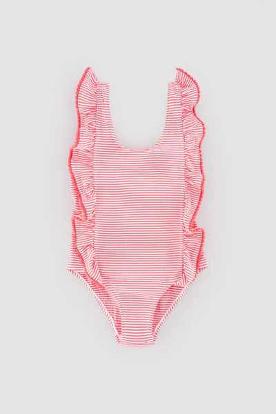 YSABEL MORA COSTUME Costume da bagno da bambina con stampa a righe arricciate 95136