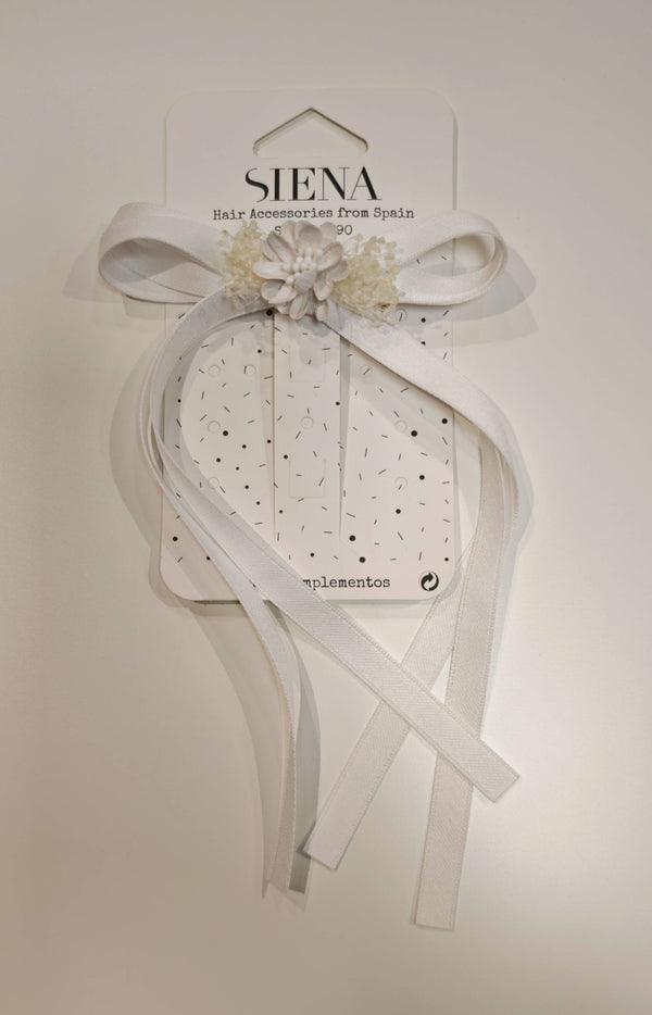 SIENA FERMAGLIO FIOCCO NASTRO E FIORI LULU BIANCO 10CM