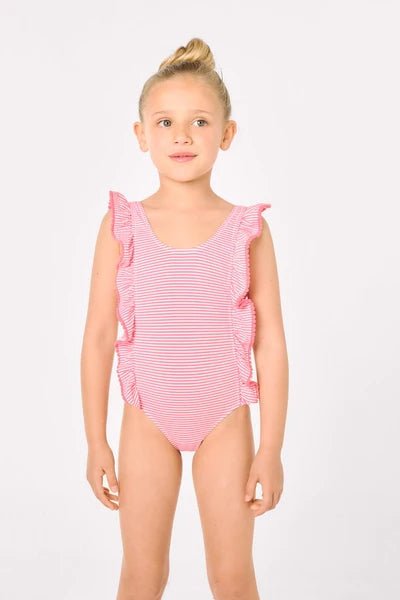 YSABEL MORA COSTUME Costume da bagno da bambina con stampa a righe arricciate 95136